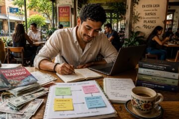 Emprendedor latino desarrollando una estrategia de contenidos en una cafetería mientras prioriza la creación de valor y la confianza antes que las promesas de dinero rápido del marketing de afiliados.