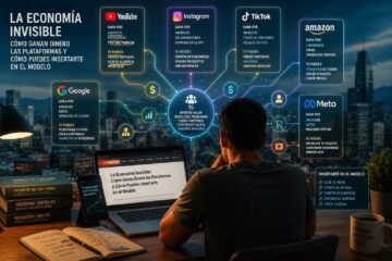 Diagrama conceptual que muestra cómo las plataformas digitales generan ingresos y cómo los creadores pueden integrarse al modelo mediante contenido, audiencia y afiliación.