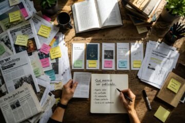 Mesa de trabajo con artículos, libros y notas organizadas para seleccionar información relevante y construir contenido de calidad mediante curaduría digital.