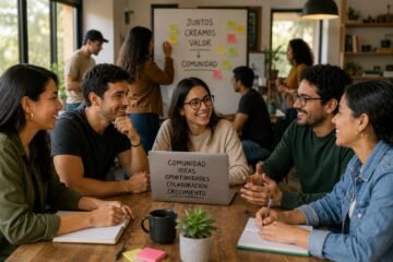 Emprendedores y creadores de contenido latinoamericanos colaboran en una comunidad profesional compartiendo ideas conocimientos y oportunidades en un espacio de trabajo moderno