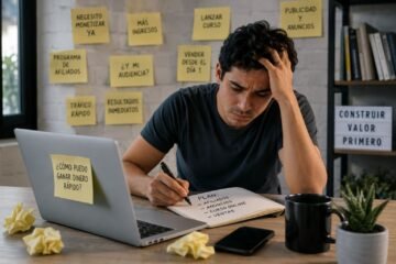 Emprendedor latino frustrado intentando monetizar un proyecto digital antes de construir una audiencia y contenido de valor en su espacio de trabajo. Título SEO