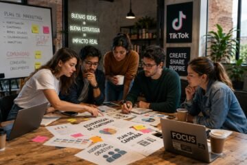 Emprendedores latinoamericanos colaborando en una sesion estrategica para desarrollar proyectos innovadores dentro de una comunidad de apoyo