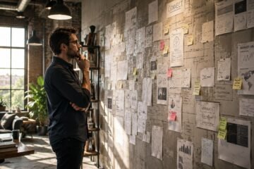 Emprendedor observando un tablero lleno de notas, diagramas y datos mientras analiza un problema complejo en un estudio moderno.