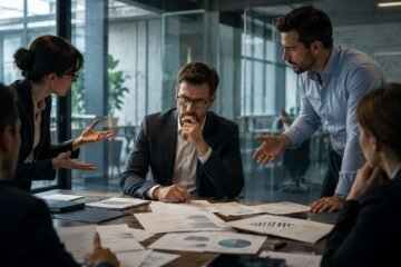 Profesional analizando diferentes alternativas de negocio frente a un tablero de estrategia con documentos, gráficos y notas antes de tomar una decisión importante.