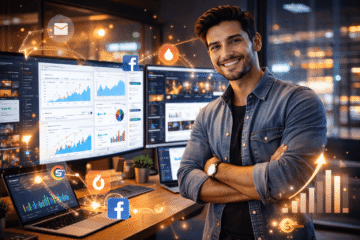 Emprendedor analizando datos en pantallas digitales buscando oportunidades de negocio Descripción: Imagen hiperrealista de un emprendedor latino frente a múltiples pantallas mostrando estadísticas, redes sociales y gráficos financieros, representando la identificación de oportunidades digitales en medio de desafíos.