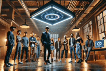 Un grupo diverso de personas brillantes conectadas por hilos de luz dorada en un entorno de oficina futurista y abierta.