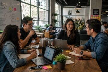 Emprendedores mexicanos colaborando en un espacio de trabajo moderno mientras desarrollan nuevos proyectos de negocio.