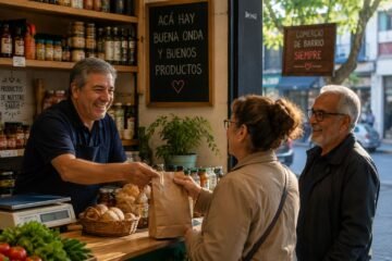 El barrio como canal de marketing Texto ALT Comercio de barrio argentino con vecinos realizando compras y conversando con el comerciante.