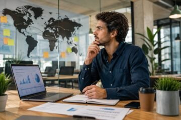 Profesional emprendedor proyectando ideas en su escritorio con su laptop.