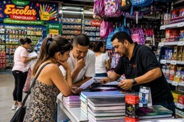 Padres de familia comprando útiles en una papelería colombiana durante la temporada escolar.