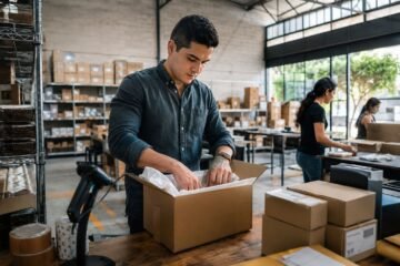 Pequeño empresario mexicano preparando pedidos para comercio electrónico en una bodega moderna.