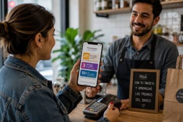 Consumidores argentinos pagando con tarjeta mientras consultan promociones bancarias y descuentos desde sus telefonos moviles en un supermercado.