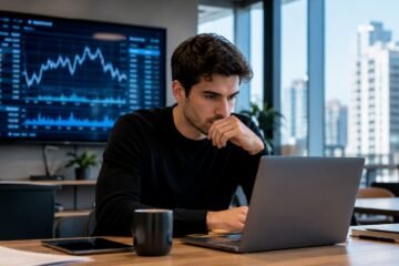 Creador de contenido argentino produciendo material audiovisual profesional en un estudio moderno equipado con cámara, iluminación y computadora de edición.
