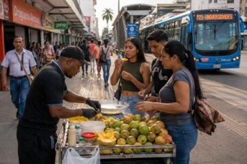 Vendedor ambulante de mango biche atendiendo clientes en una calle de Cali.
