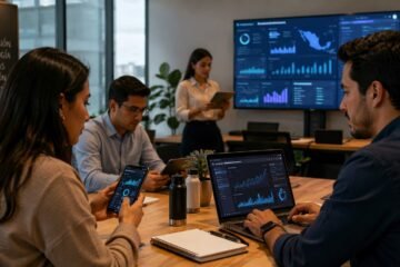 Profesionales mexicanos utilizando aplicaciones financieras digitales en una oficina moderna.