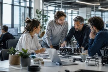 Profesionales colaborando en un centro de innovación tecnológica.