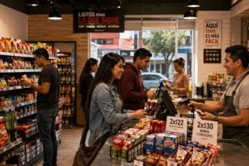 Tienda de conveniencia inspirada en el formato mexicano con clientes realizando compras cotidianas.