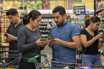 Consumidores mexicanos comparando productos en un supermercado antes de tomar una decisión de compra.