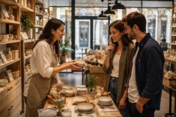 Cliente disfrutando de una experiencia de compra personalizada en un comercio español.
