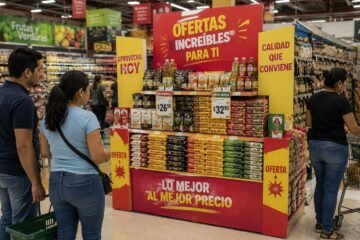 Exhibición promocional en un supermercado mexicano con consumidores observando las ofertas.