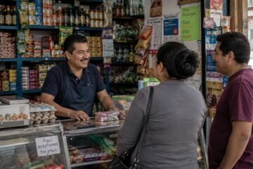 Tendero mexicano atendiendo a clientes habituales en una tradicional tienda de barrio.