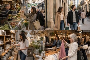 Consumidores realizando compras en distintos tipos de comercios españoles.