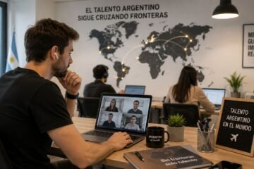 Profesionales argentinos colaborando con equipos internacionales durante una reunion virtual en un espacio de trabajo moderno.