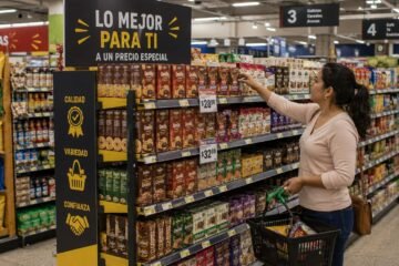 Pasillo de supermercado mexicano con exhibiciones estratégicas que influyen en la compra.