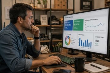 Analizar el ticket promedio permite comprender mejor el comportamiento de los clientes y descubrir oportunidades de crecimiento rentable. el ticket promedio cuenta una historia Argentina, ticket promedio, ventas, comercio minorista, rentabilidad Comerciante revisando estadísticas de ventas y tickets promedio desde una computadora.