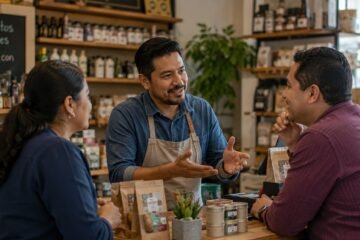 Propietario de un pequeño negocio conversando con clientes para conocer sus necesidades.