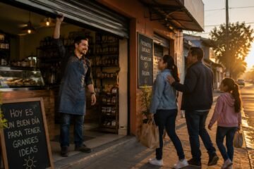 Comerciante mexicano abriendo su negocio al amanecer mientras recibe a los primeros clientes del día.