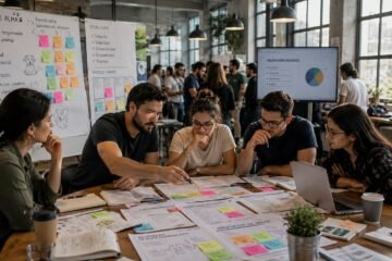 Equipo de emprendedores analizando varias convocatorias y proyectos en un espacio colaborativo antes de decidir a cuales postularse.
