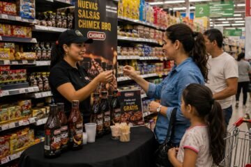 Impulsadora ofreciendo una degustación en un supermercado colombiano.