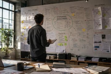 Emprendedor trabajando concentrado frente a un gran tablero estratégico donde solo una línea de desarrollo permanece resaltada mientras las demás aparecen desenfocadas.