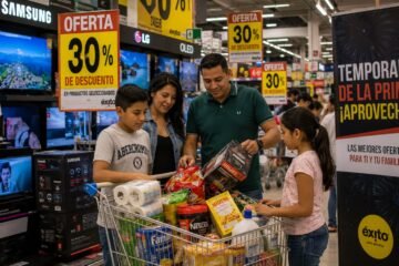 Familia realizando compras durante la temporada de la prima de mitad de año.