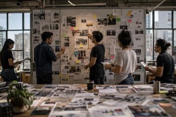Equipo editorial latinoamericano analizando y organizando informacion para identificar tendencias y oportunidades en un laboratorio de investigacion.