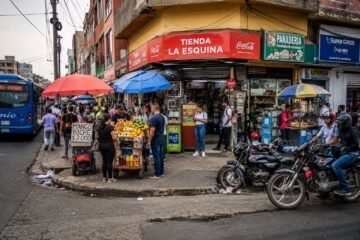 Esquina comercial con alta actividad económica en una ciudad colombiana.