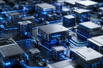 Estructura tecnológica formada por múltiples módulos metálicos conectados mediante líneas de energía azul.