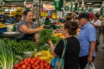 Comerciantes atendiendo clientes en una plaza de mercado colombiana.